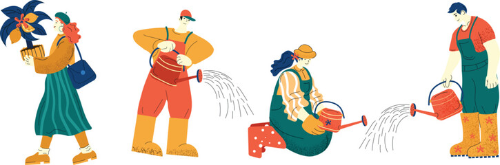 Four People Taking Care of Flowers in a Garden