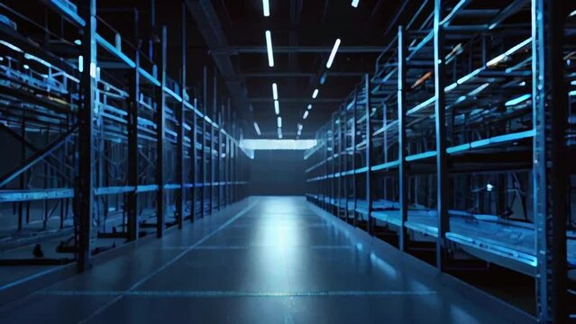 The video is of an empty warehouse with blue racks and shelves, lit by bright white lights.