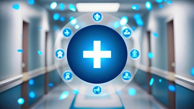 A blue circle with a white plus sign in the center. The circle is surrounded by 12 blue circles with outline of people in each. The image is set in a hospital hallway.