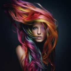 AI generated illustration of a woman with vibrant, multi-colored hair against a dark background