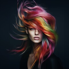 AI generated illustration of a woman with vibrant, multi-colored hair against a dark background