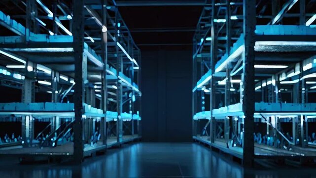 The video is of a dark room with blue lights. The room is filled with tall shelves lined with small pots containing green plants.