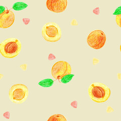Seamless vector repeating pattern with summer fruit colorful and tasty whole or halved apricots with stones