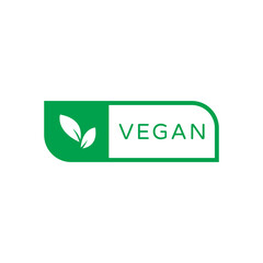 Vegan green vector label with leaves on white background. Organic, bio and vegetarian symbol. Meat free, eco, lactose free, healthy, fresh and non violent food.