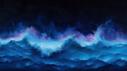 Surreal Abstract Ocean Waves with Purple and Blue Hues Under a Dark Mysterious Sky in a Dreamlike Fantasy Landscape
