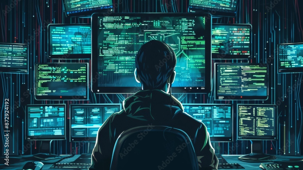 Poster Programmer with multiple screens showing hacking software, cybercrime scene