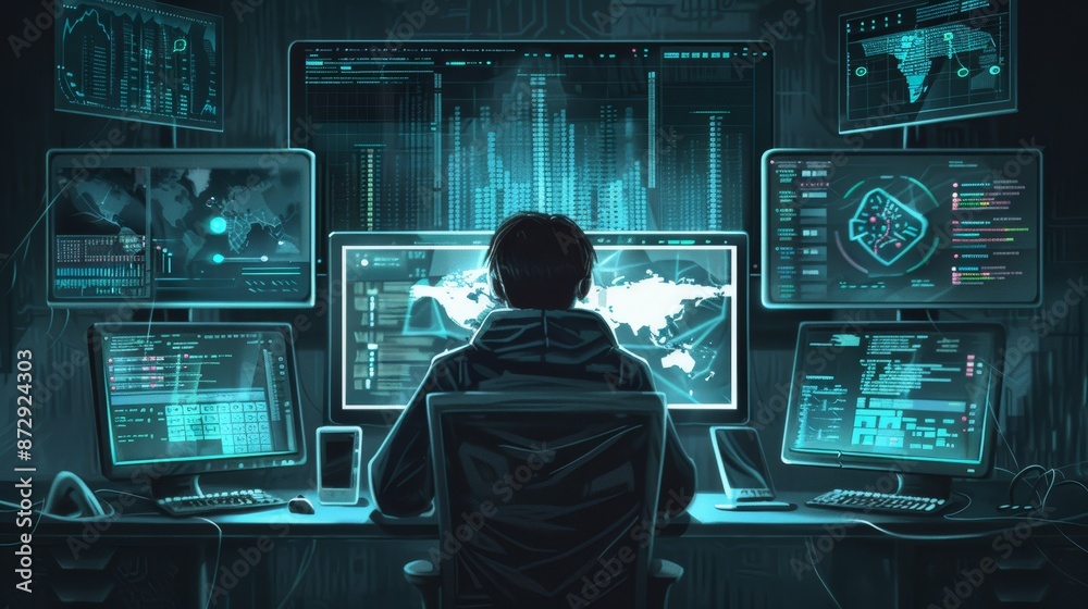Poster Programmer with multiple screens showing hacking software, cybercrime scene