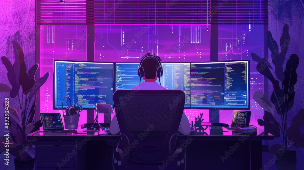 Poster Programmer designing AI-powered e-commerce app with big data, dual monitors