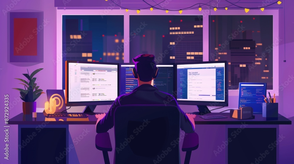 Poster Programmer designing AI-powered e-commerce app with big data, dual monitors