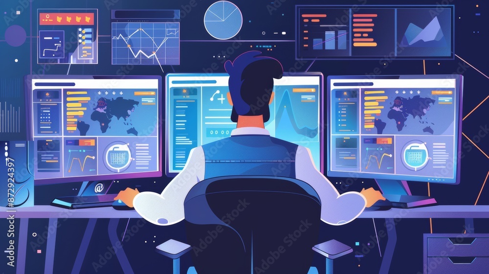 Poster Programmer designing AI-powered e-commerce app with big data, dual monitors