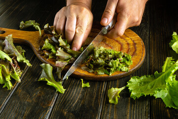 The cook slicing green Romaine lettuce on a cutting board while preparing a vegetarian dish.
