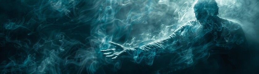 Ghostly Presence Focus on a person feeling a ghostly presence, with a frightened expression, with a dark, eerie background, empty space center for text