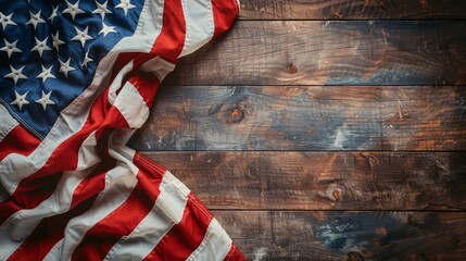 Vintage American flag draped over a retro treasure manuscript, flat lay style. The aged parchment and flag create a nostalgic feel, perfect for a Happy Columbus Day concept.