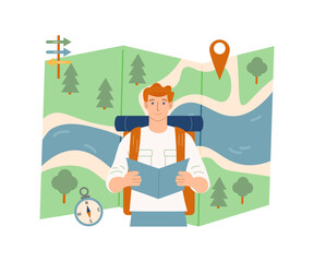 summer travel destinations. ecotourism and camping, hiking.  vector illustration