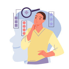 Work with data systems, logical thinking to systematize and organize information. Pensive man working on database structures organization, human head silhouette behind cartoon vector illustration