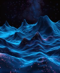 Naklejka premium Surreal Blue Mountain Landscape with Starry Sky and Pink Highlights Creating a Dreamlike and Mystical Scene 