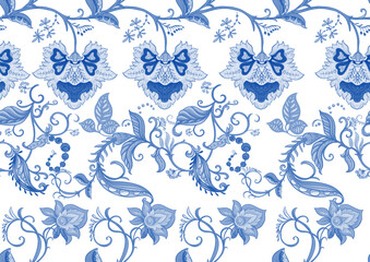 Fantasy flowers in retro, vintage, jacobean embroidery style. Seamless pattern, background. Vector illustration.