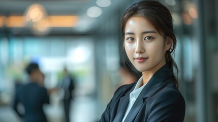Fototapeta premium leader korean businesswoman in suit with blured team people in office