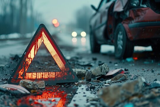 Car accident on the road with warning triangle. Selective focus.
