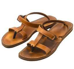 Naklejka premium Pair of old brown vintage retro sandal slipper shoes isolated on transparent background. Comfortable leather summer footwear
