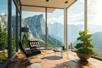Scenic mountain room Online webinar Zoom meeting home office background, backdrop for online presentations and virtual meetings in a mountain scene, AI generated