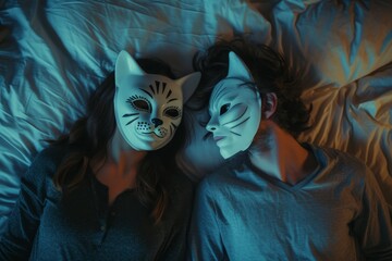 Lovers couple wearing black and white cat masks lie on bed, evoking mysterious and intimate atmosphere, role play adult sexual game concept, top view