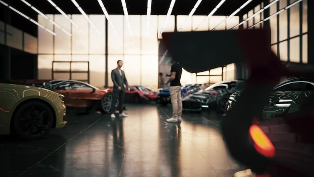 Young guy buys a car at a car dealership. Car showroom of expensive sports cars. 3d animation
