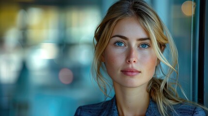 Fototapeta premium Blonde businesswoman looking in window office building, thinking expression