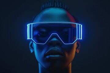 Neon glasses fashion portrait of a woman standing out in the dark background with 3d effect
