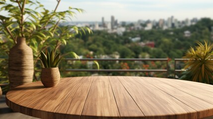 Fototapeta premium A weathered wooden table sits amidst a lush green jungle, its surface dappled with sunlight filtering through the dense canopy above.