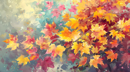 A mosaic of vibrant autumnal foliage blankets the landscape, ablaze with hues of ruby red, pumpkin orange, and golden yellow, Vibrant Autumn Birch Forest with Colorful Leaves