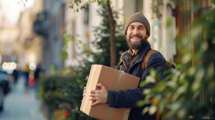 Fototapeta premium Happy courier with parcel outdoors, space for text