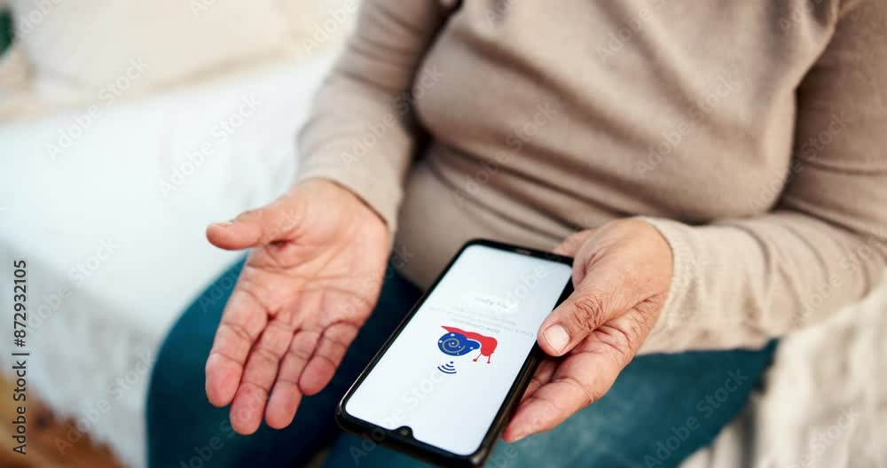 Poster Hands, smartphone and network fail on couch with internet, glitch and connection issue in home. Technology, mobile and woman frustrated in living room for 404, service and error or online problem