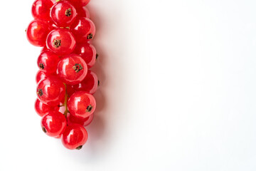 Bunch of red currant macro photo on white background. Space for your text