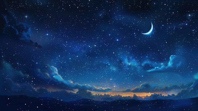A magical night sky with glowing stars and a crescent moon, ample copy space - Powered by Adobe