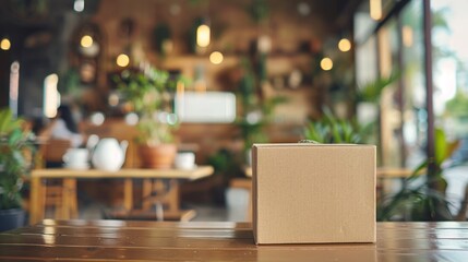 Cardboard Box on a Wooden Table in a Cafe