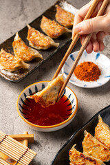 Grilled Gyoza or jiaozi fried stuffed dumplings