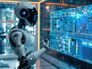 2. Autonomous AI robot analyzing data on multiple holographic screens, highlighting advanced machine learning capabilities in a futuristic lab