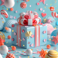  3d gift box for kids on colorful background, in the style of light blue and white