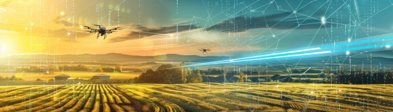 14. Machine learning in agriculture, with AI analyzing soil data and predicting crop yields, visualized with drones and smart sensors