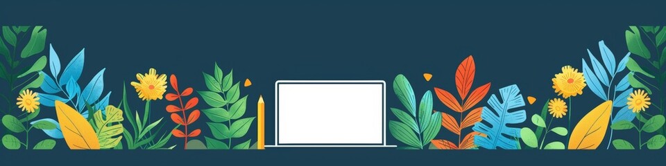 an illustration of plants growing and a laptop and a pencil 