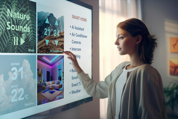 Woman using smart home system on tv screen. Effective and energy efficient system using less energy. AI assistant