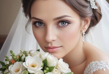Obraz premium Close-up portrait of a beautiful bride with bouquet of flowers at her wedding day