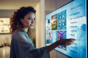 Woman using smart home system on tv screen. Effective and energy efficient system using less...