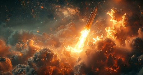 Rocket Launch Through Orange Clouds at Night
