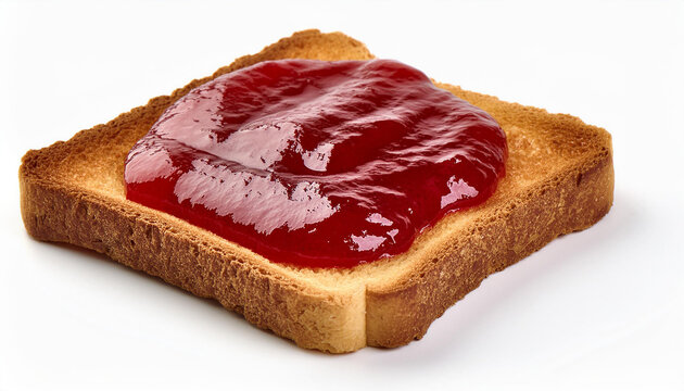 Strawberry jam on toast bread. Tasty sweet food for lunch or breakfast. Isolated on white. Close-up.
