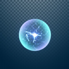 Glowing Plasma Ball. Energy magic portal. An explosion of plasma energy inside a ball with a lot of ball lightning. Vector for web design and illustrations.