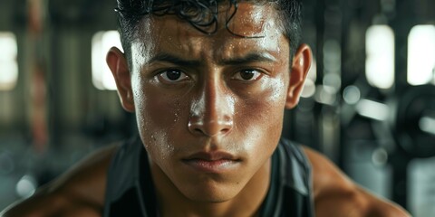 In gym for fitness challenge, endurance, or break, man sweating face and breathing. Asian bodybuilder, serious portrait, exhausted from training, breathing for recuperation.