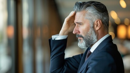 Face, company, and man exhaustion, debt, and headache danger stock market crash. Tired boss, executive CEO, uncertainty about insolvency, melancholy, suffering, or failure