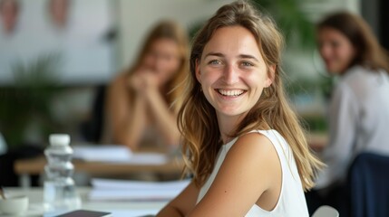 Office, business meeting, and Asian woman portrait for presenting, collaborate, and discuss. Face of joyful individual with staff for teamwork, planning, and project feedback